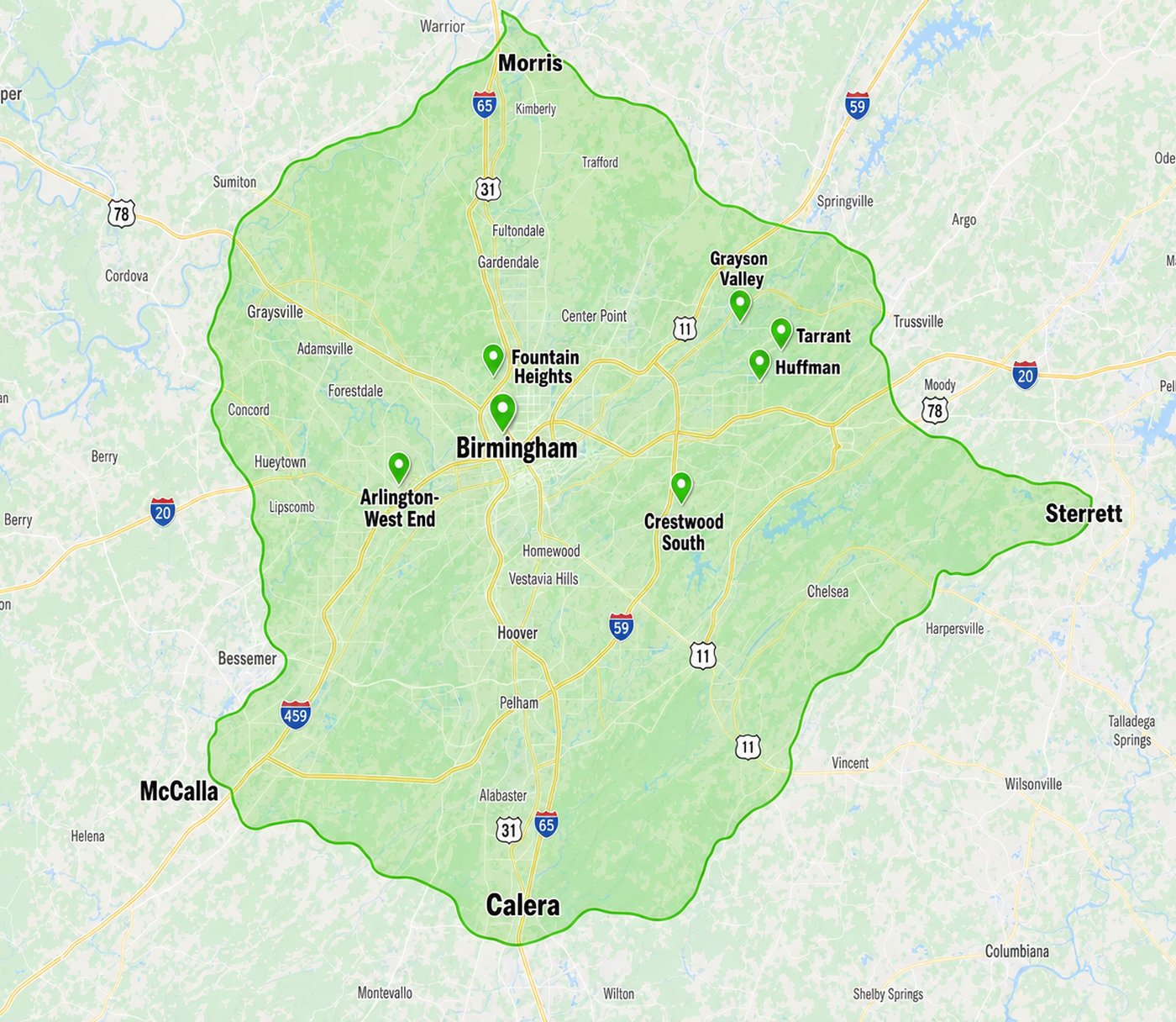 Map of the DumpStor service area across Birmingham and Central Alabama